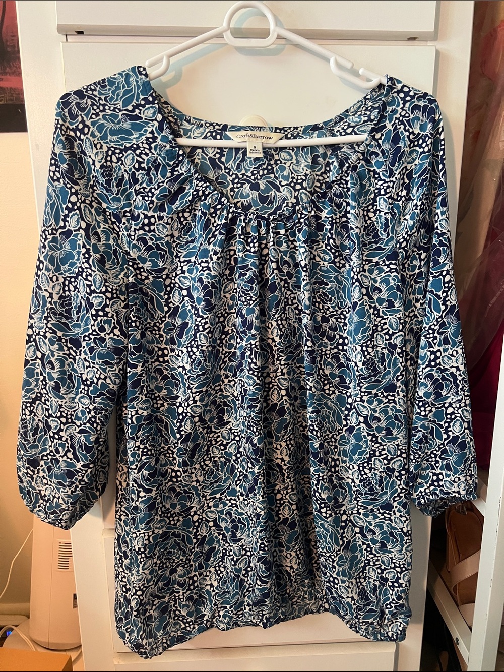 croft & barrow Navy and White Floral Peasant Tunic